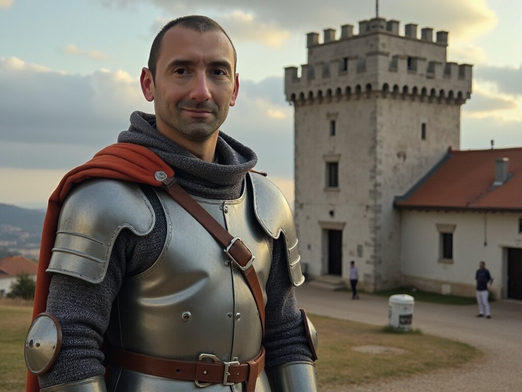 Alessandro Carenza in armatura medievale davanti a una torre, immagine generata con l'IA