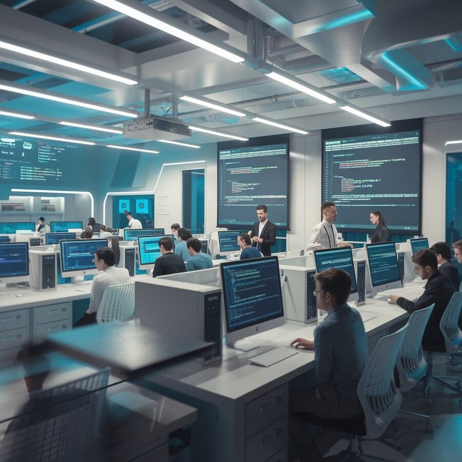 Un'aula informatica futuristica, immagine generata con l'IA