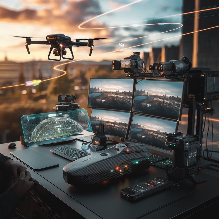 Una postazione di controllo per riprese aeree con drone, immagine generata con l'IA